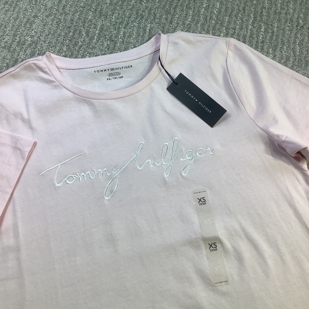 Tommy Hilfiger Womens Pink Embroidered Signature Script Logo T-Shirt Size XS NWT